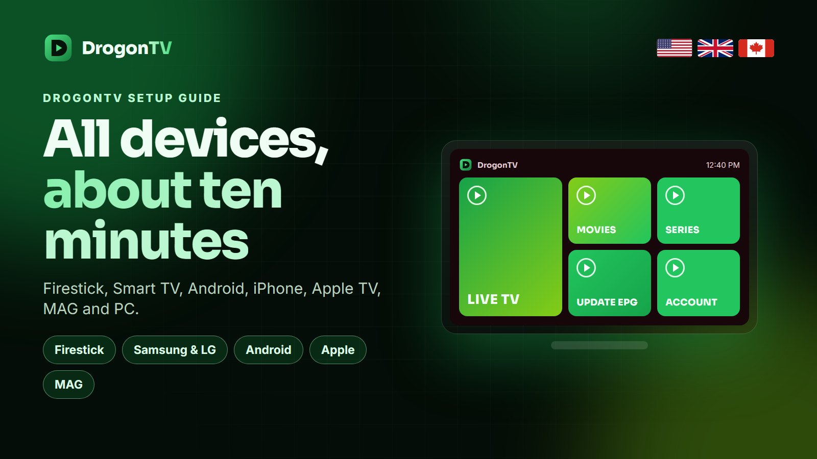 Easy IPTV setup guide (all devices) for DrogonTV: Firestick, Smart TV, Android, iPhone, Apple TV and MAG in the USA, UK and Canada