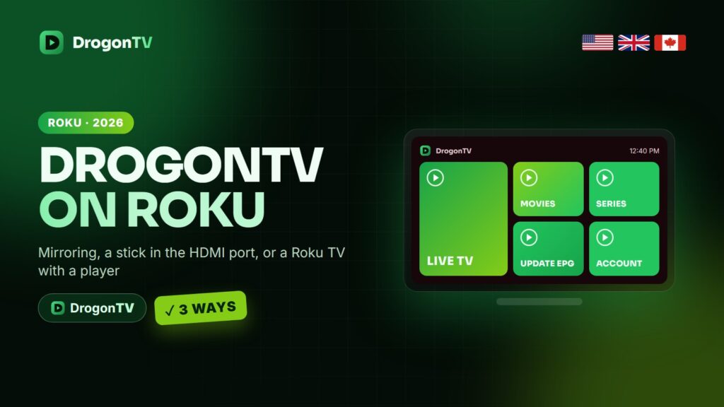 DrogonTV on Roku: screen mirroring, Fire TV Stick in a spare HDMI port or the TV's own player